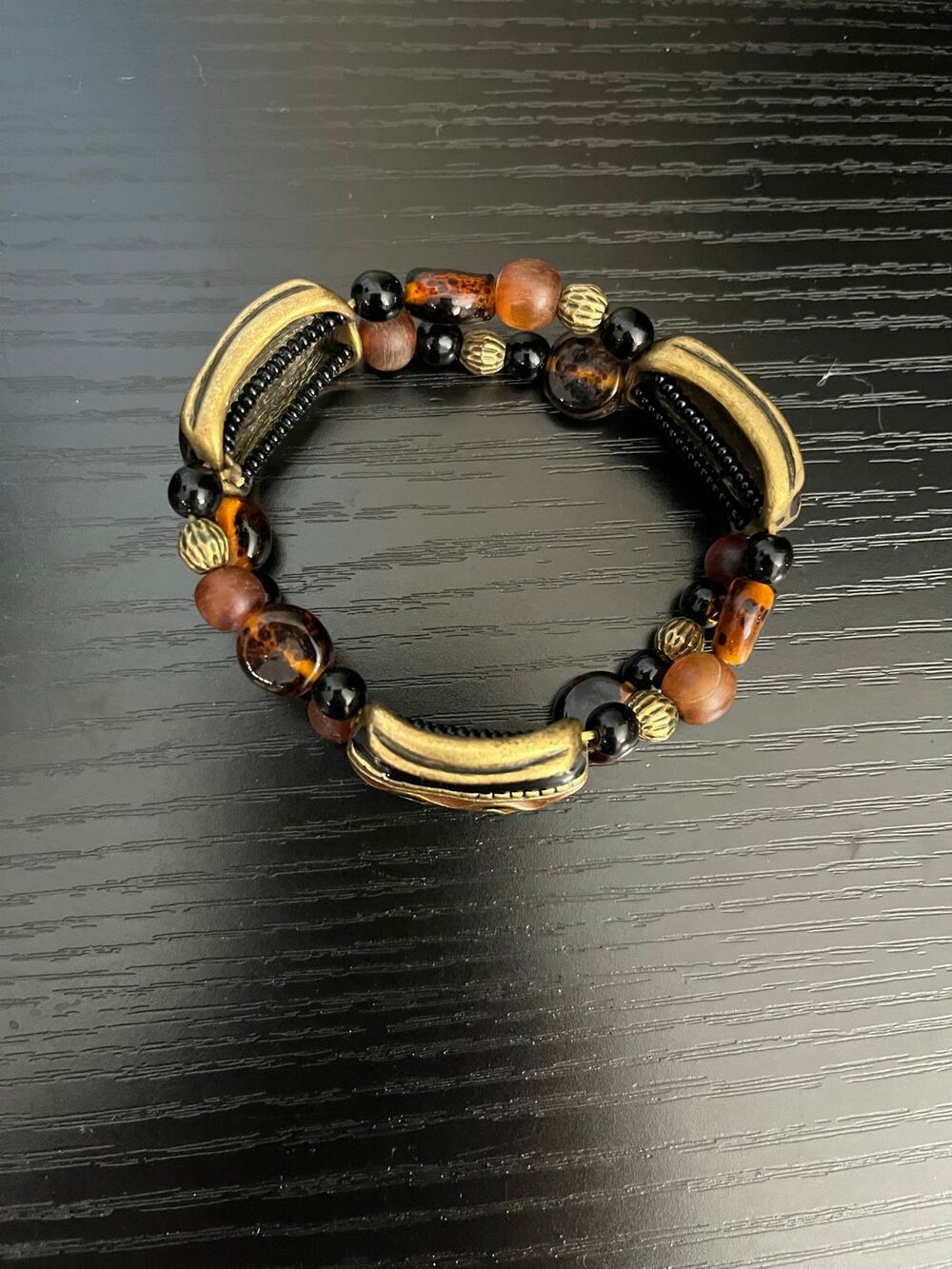 Chico's Tortoise Shell Resin & Tiger Eye Beaded Multi Row Stretch Bracelet